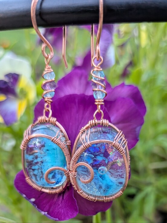 Artisan Jewelry - Mermaid Goddess Earrings - Artisan Dichroic Glass with Natural Gems in Copper